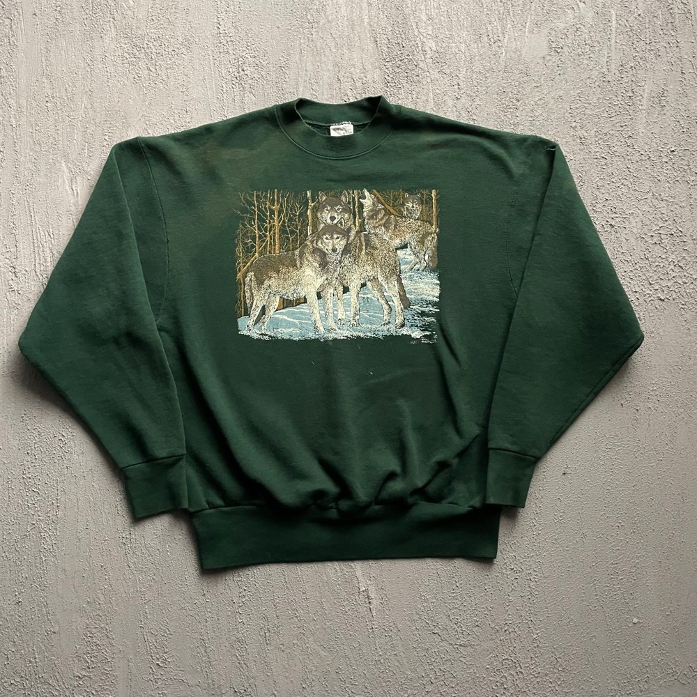Vintage Wolf Nature Graphic Sweatshirt Mens XL Green 90s Fruit of the Loom
